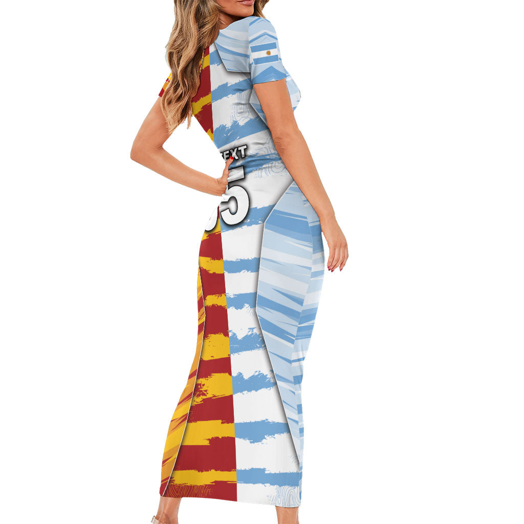 Custom Argentina And Spain Football Short Sleeve Bodycon Dress Split Flag Golden Trophy Grunge