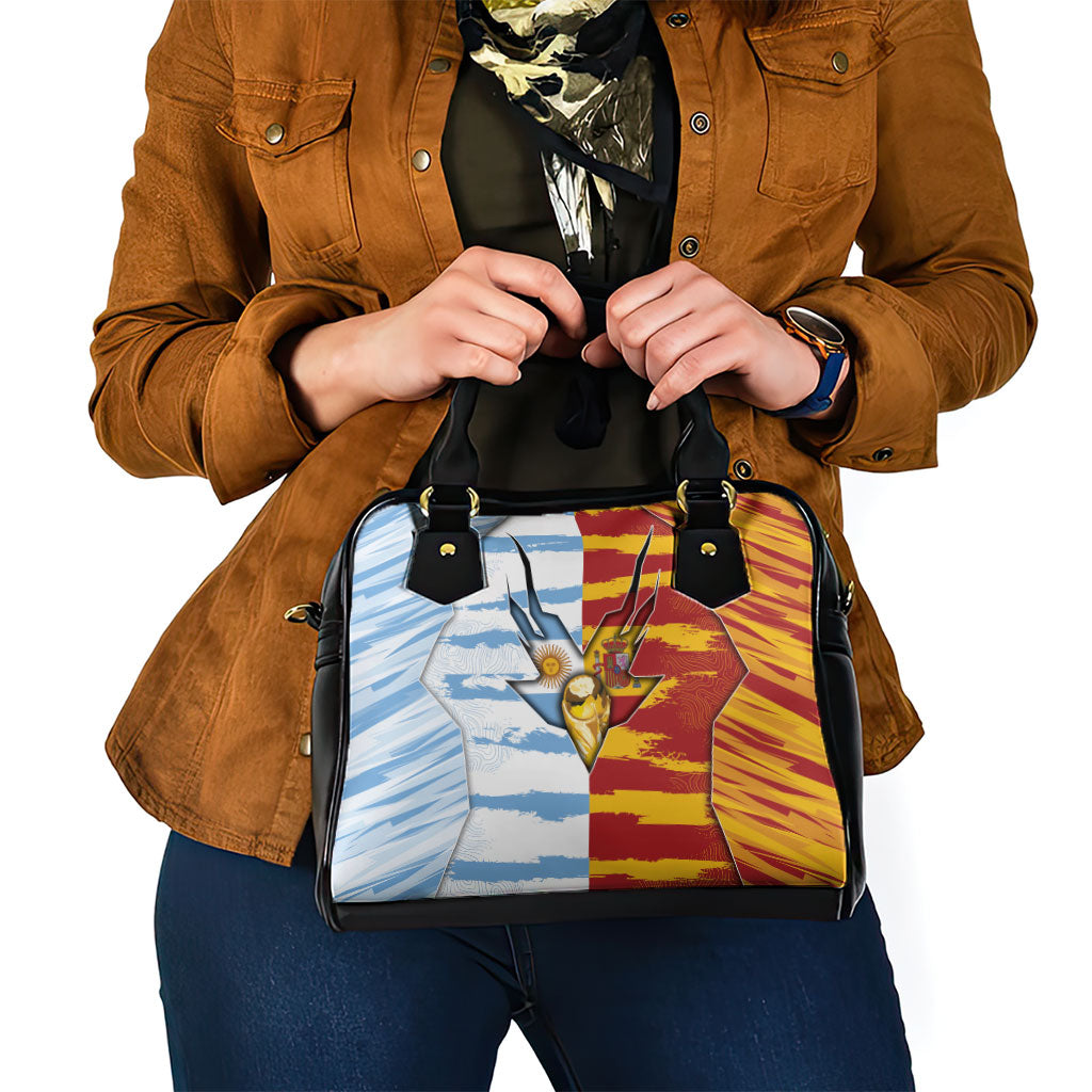 Argentina And Spain Football Shoulder Handbag Split Flag Golden Trophy Grunge