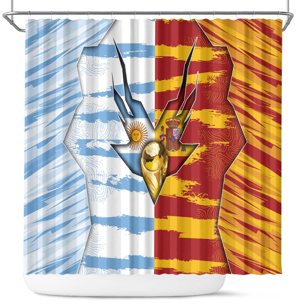 Argentina And Spain Football Shower Curtain Split Flag Golden Trophy Grunge