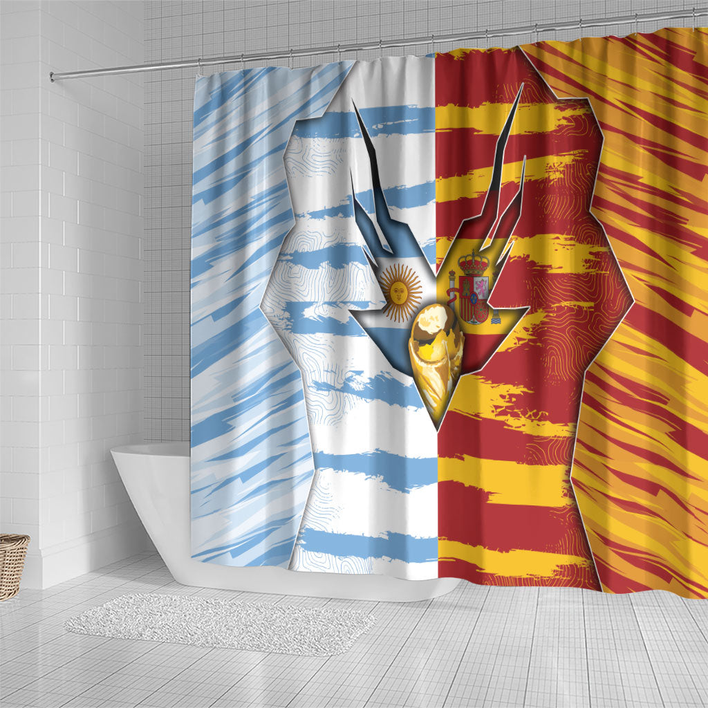 Argentina And Spain Football Shower Curtain Split Flag Golden Trophy Grunge