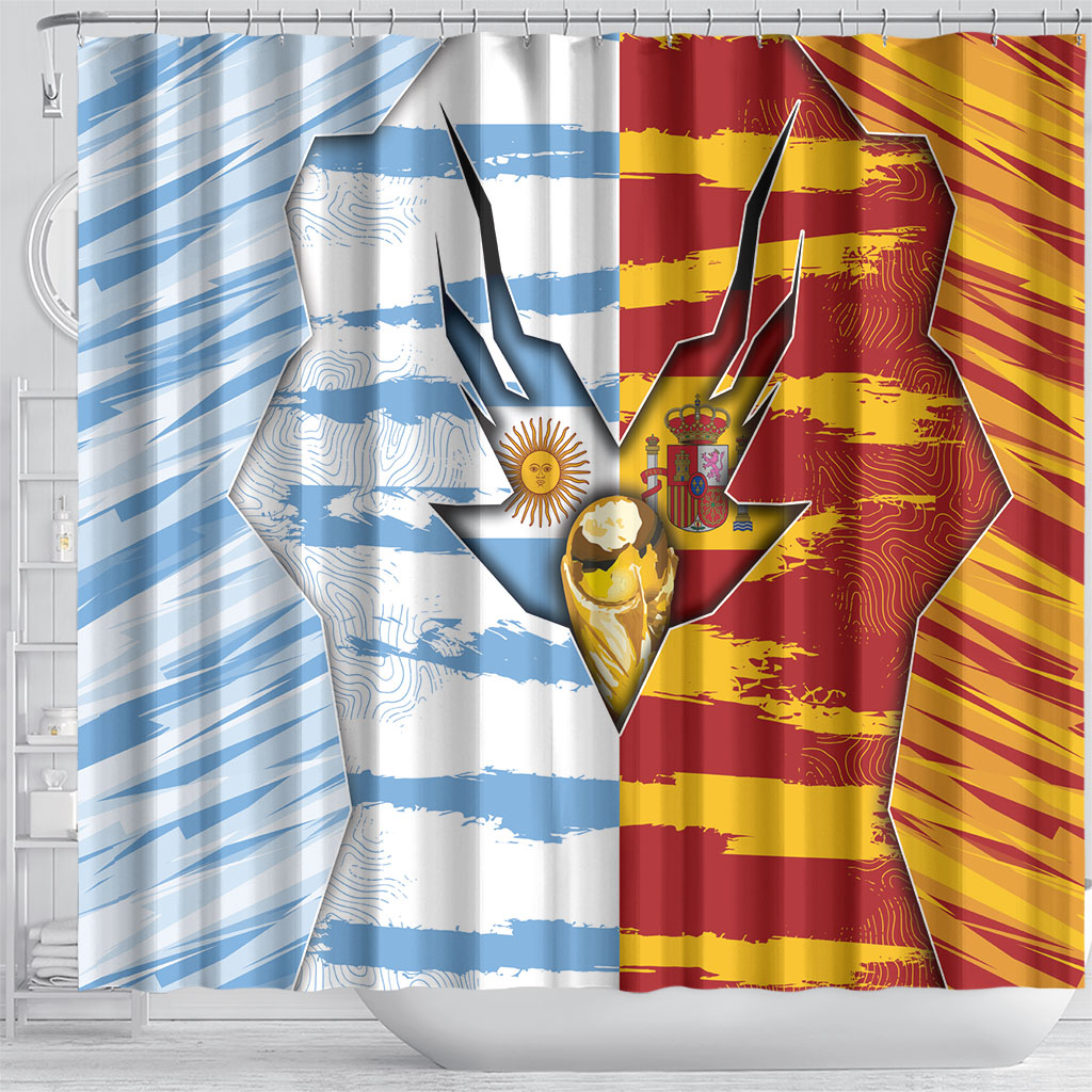 Argentina And Spain Football Shower Curtain Split Flag Golden Trophy Grunge