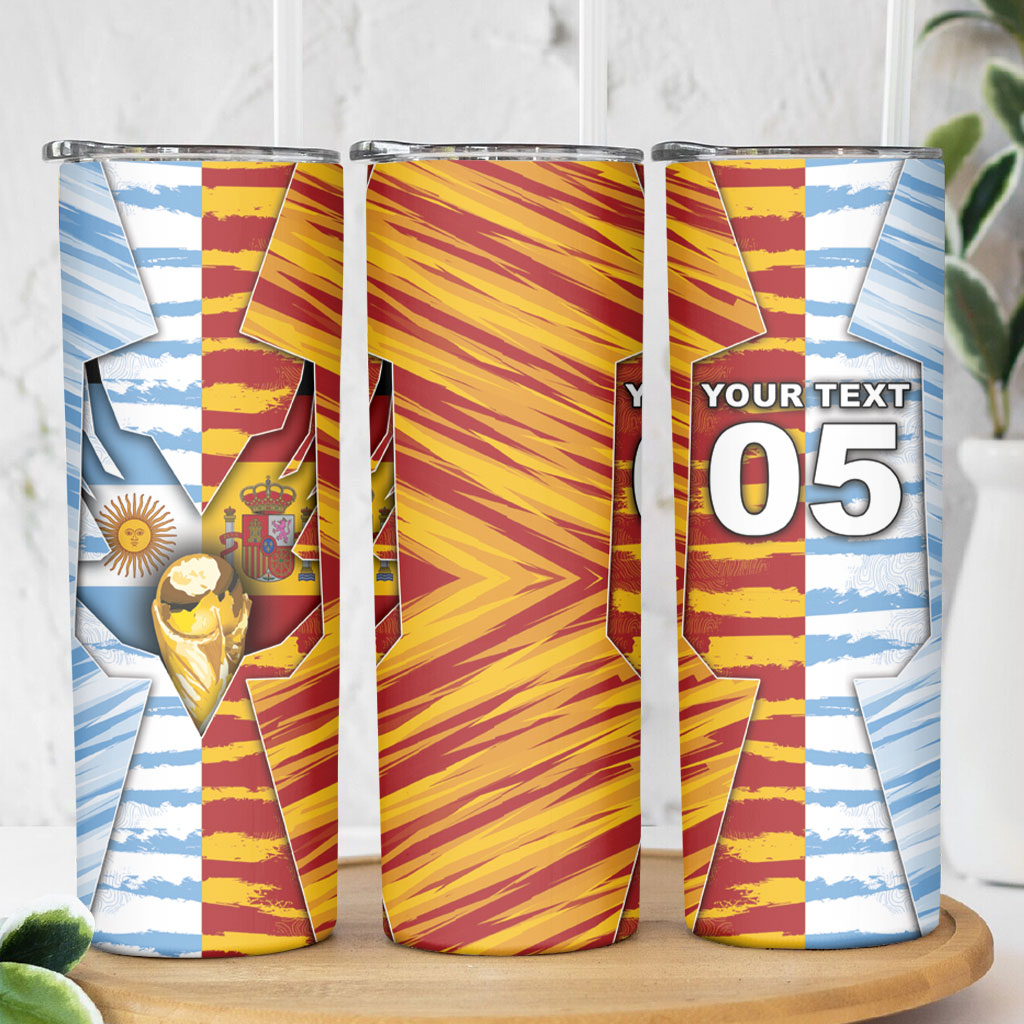 Custom Argentina And Spain Football Skinny Tumbler Split Flag Golden Trophy Grunge