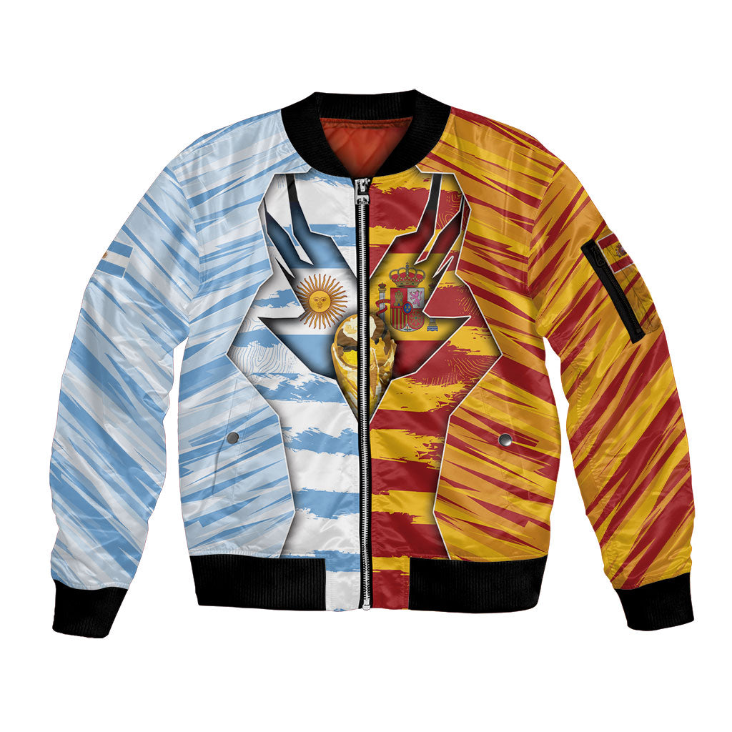 Custom Argentina And Spain Football Sleeve Zip Bomber Jacket Split Flag Golden Trophy Grunge