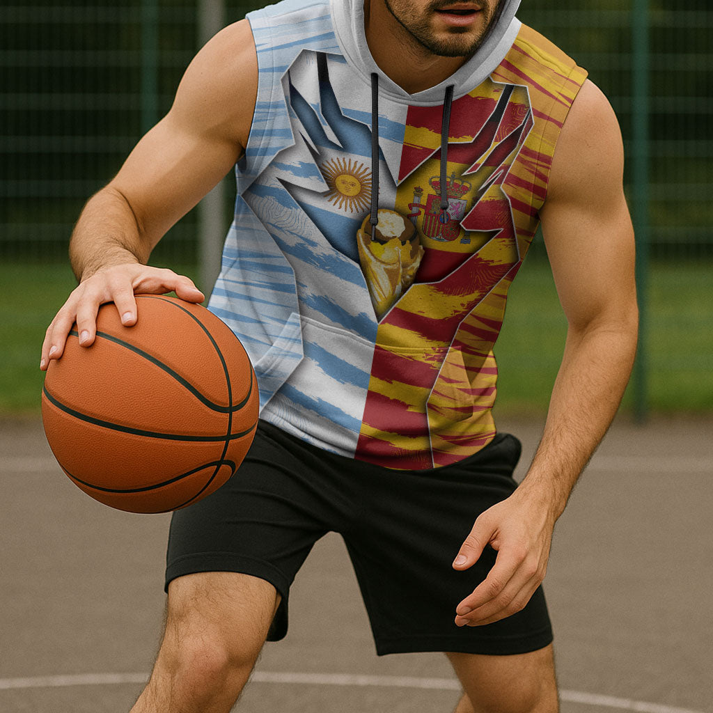 Custom Argentina And Spain Football Sleeveless Hoodie Split Flag Golden Trophy Grunge