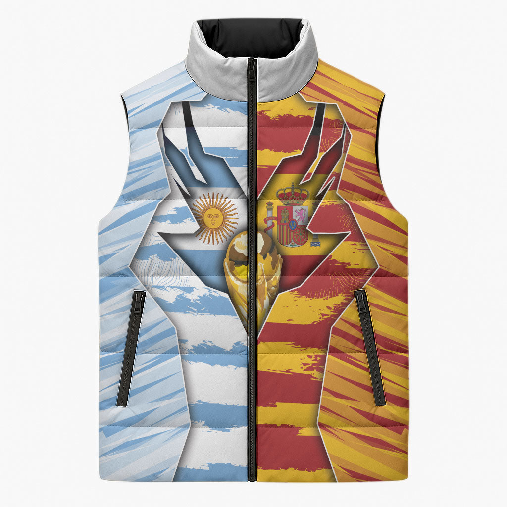Custom Argentina And Spain Football Sleeveless Puffer Jacket Split Flag Golden Trophy Grunge