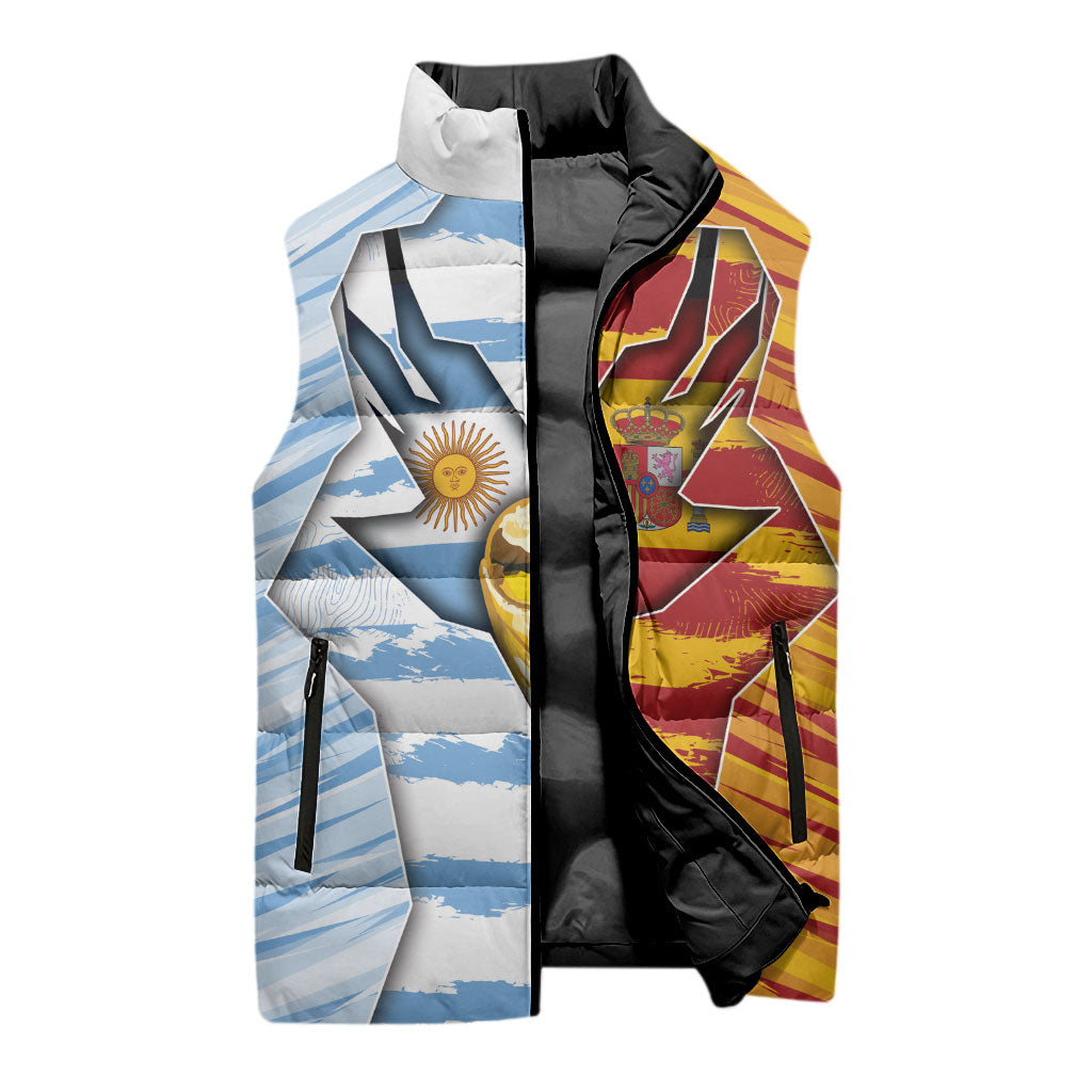 Custom Argentina And Spain Football Sleeveless Puffer Jacket Split Flag Golden Trophy Grunge