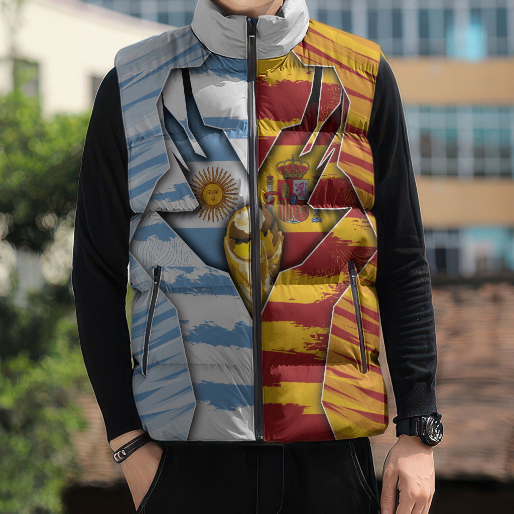 Custom Argentina And Spain Football Sleeveless Puffer Jacket Split Flag Golden Trophy Grunge