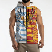 Custom Argentina And Spain Football Sleeveless Zip Hoodie Split Flag Golden Trophy Grunge