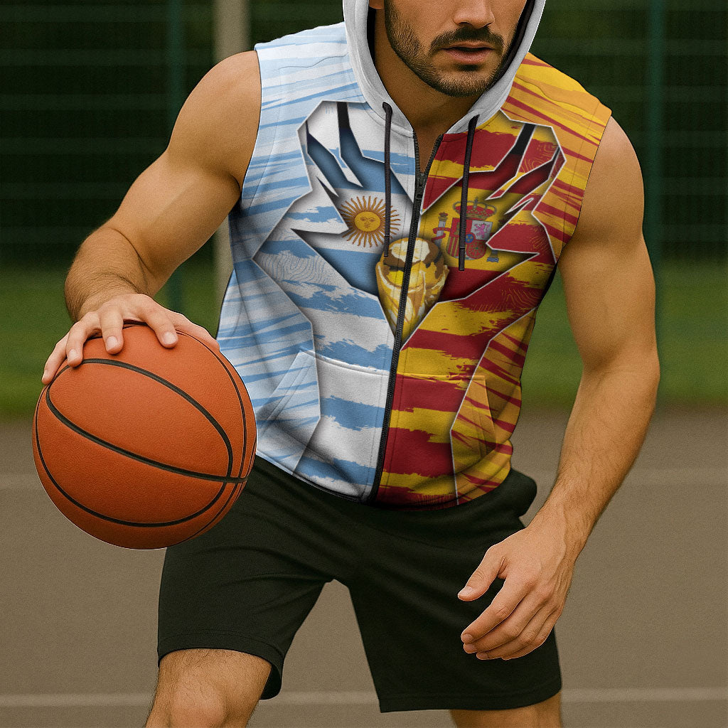 Custom Argentina And Spain Football Sleeveless Zip Hoodie Split Flag Golden Trophy Grunge