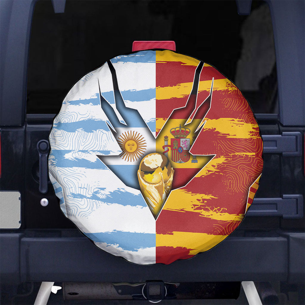 Argentina And Spain Football Spare Tire Cover Split Flag Golden Trophy Grunge