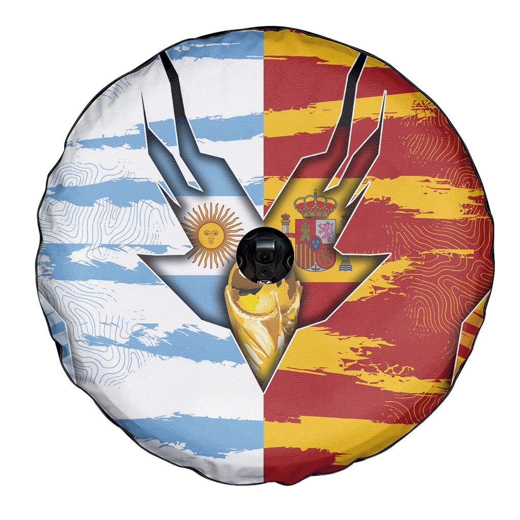 Argentina And Spain Football Spare Tire Cover Split Flag Golden Trophy Grunge