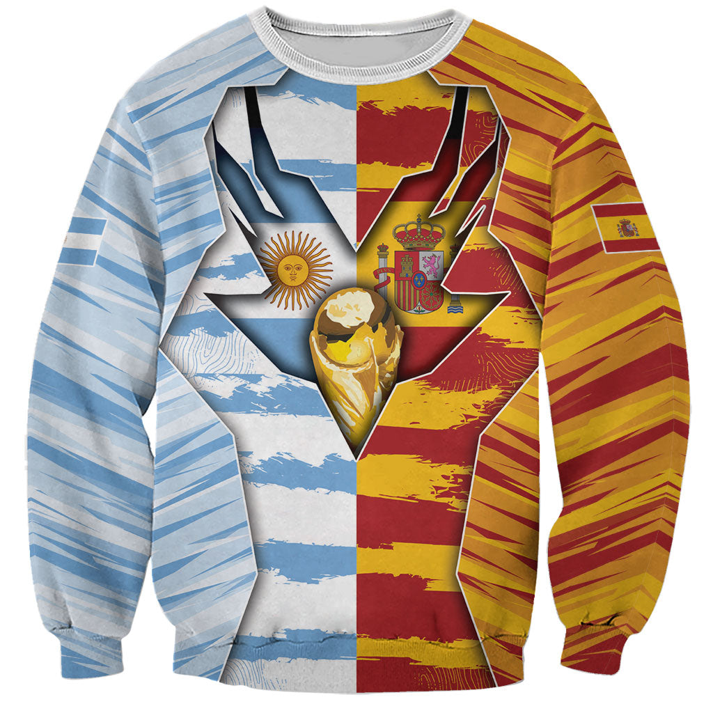 Custom Argentina And Spain Football Sweatshirt Split Flag Golden Trophy Grunge