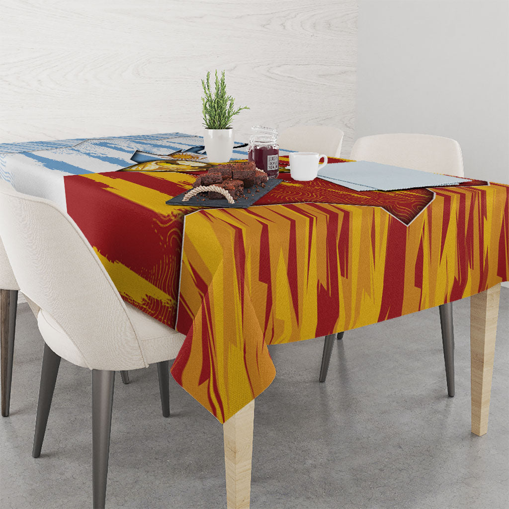 Argentina And Spain Football Tablecloth Split Flag Golden Trophy Grunge