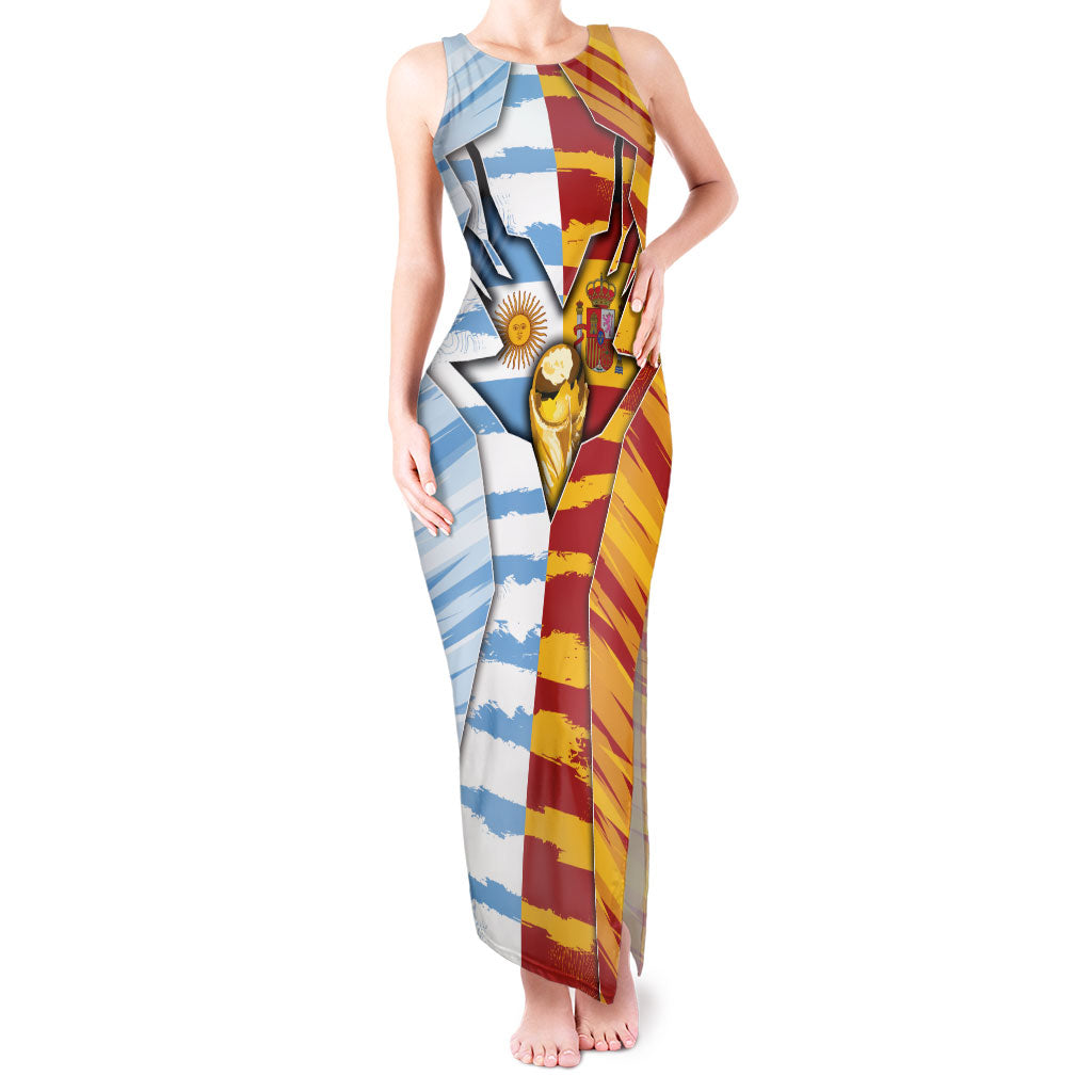 Custom Argentina And Spain Football Tank Maxi Dress Split Flag Golden Trophy Grunge