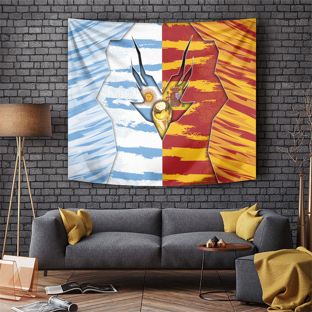 Argentina And Spain Football Tapestry Split Flag Golden Trophy Grunge