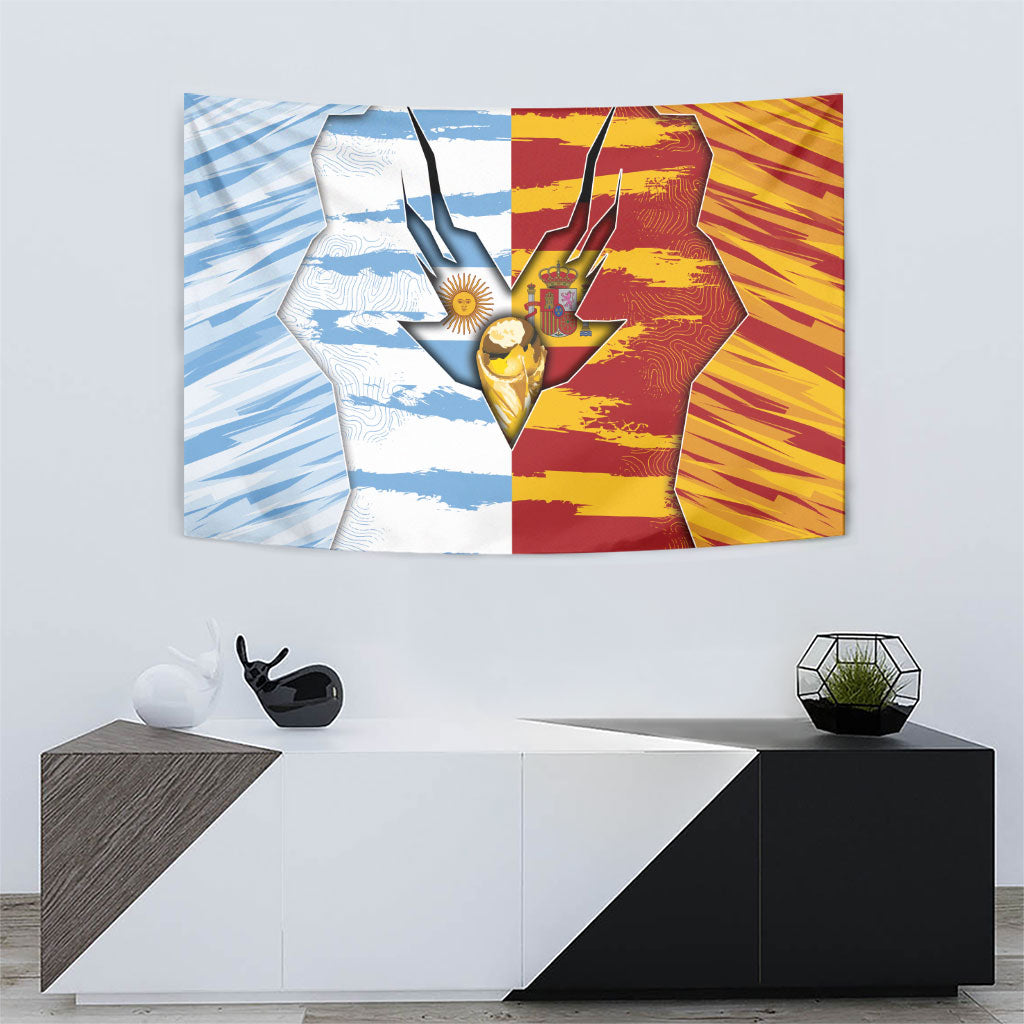 Argentina And Spain Football Tapestry Split Flag Golden Trophy Grunge