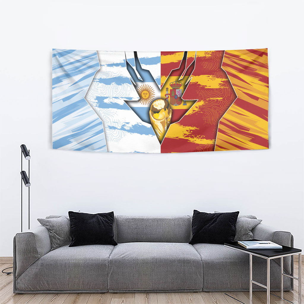 Argentina And Spain Football Tapestry Split Flag Golden Trophy Grunge