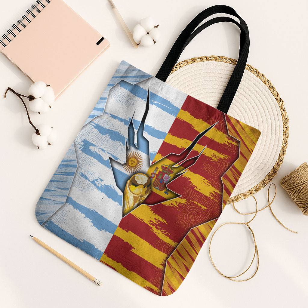 Argentina And Spain Football Tote Bag Split Flag Golden Trophy Grunge