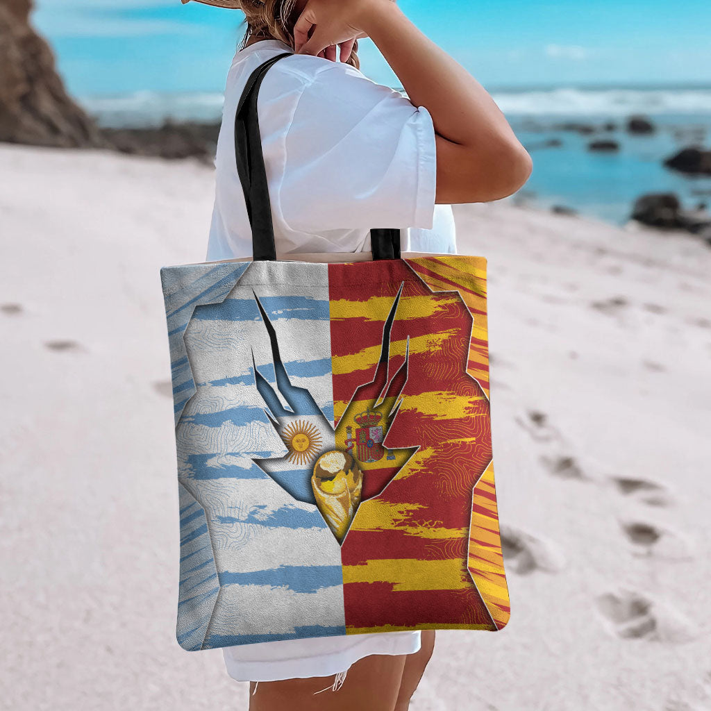 Argentina And Spain Football Tote Bag Split Flag Golden Trophy Grunge