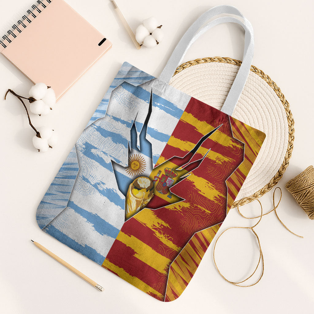 Argentina And Spain Football Tote Bag Split Flag Golden Trophy Grunge