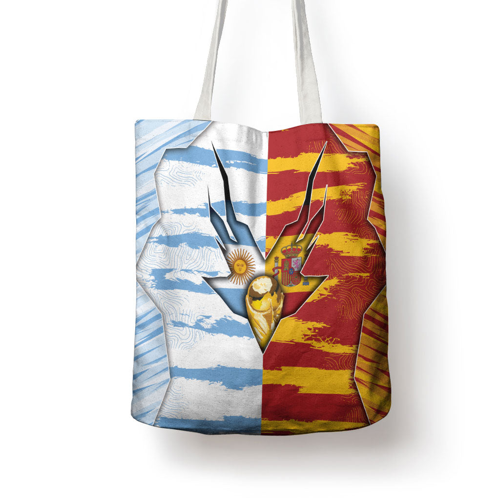 Argentina And Spain Football Tote Bag Split Flag Golden Trophy Grunge