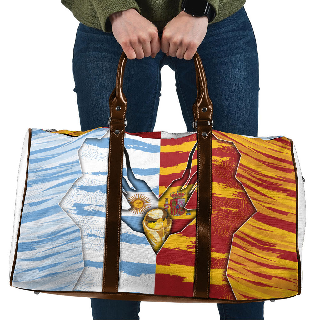 Argentina And Spain Football Travel Bag Split Flag Golden Trophy Grunge