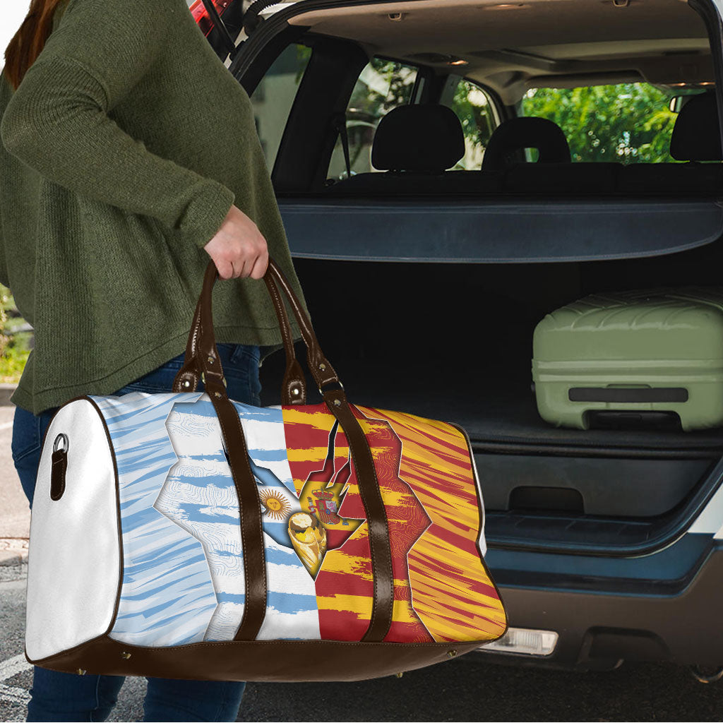 Argentina And Spain Football Travel Bag Split Flag Golden Trophy Grunge