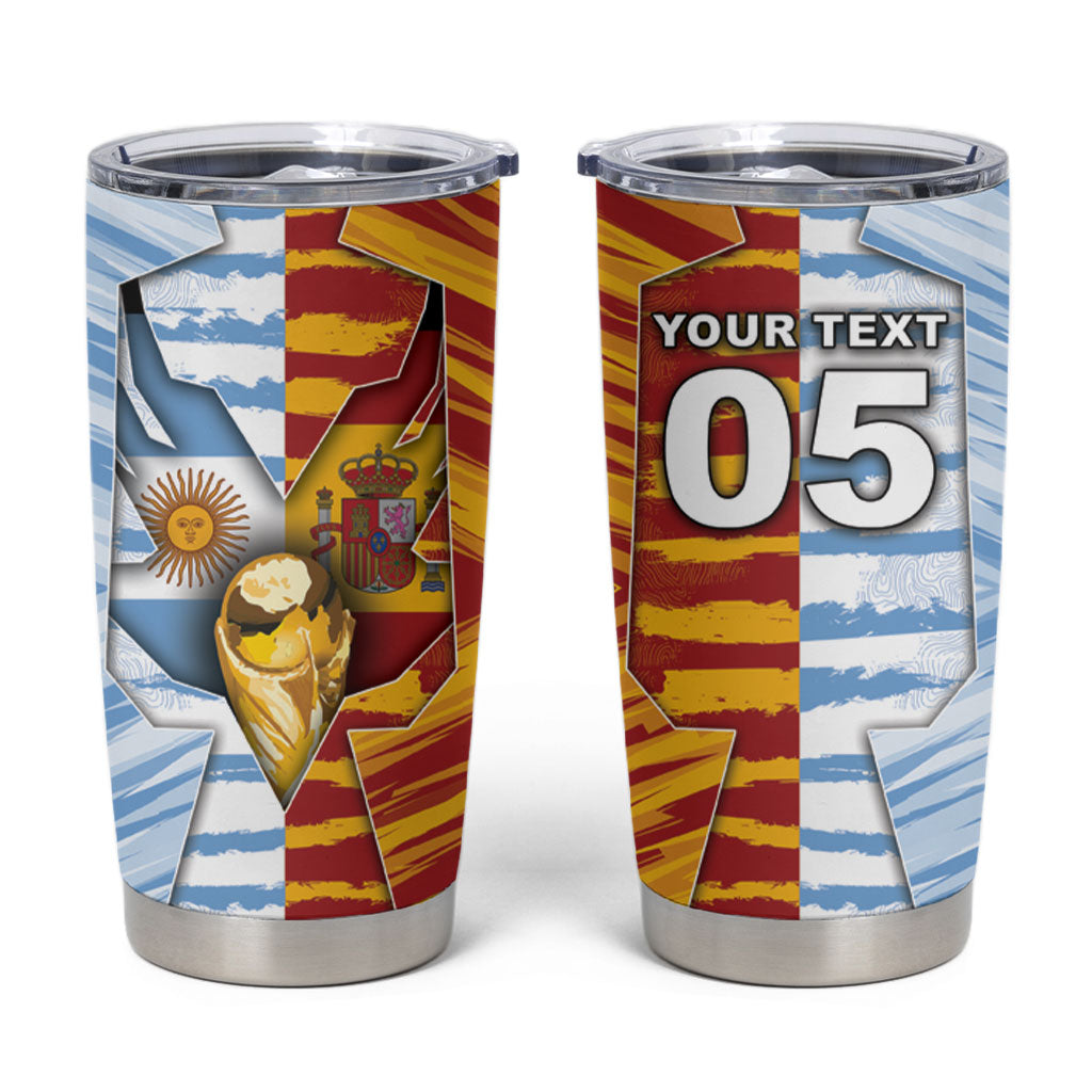Custom Argentina And Spain Football Tumbler Cup Split Flag Golden Trophy Grunge