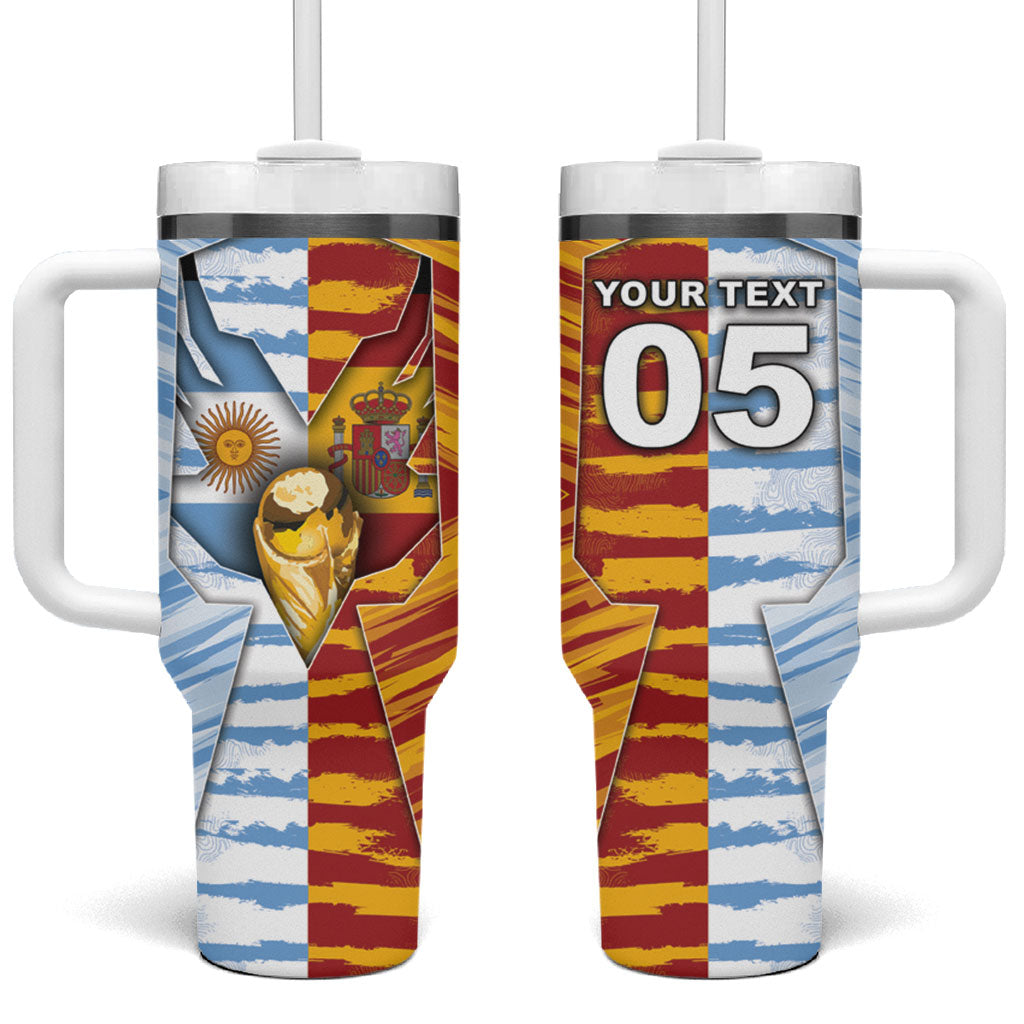 Custom Argentina And Spain Football Tumbler With Handle Split Flag Golden Trophy Grunge