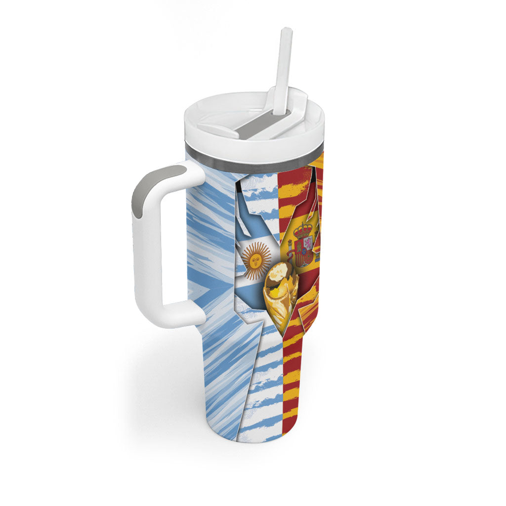 Custom Argentina And Spain Football Tumbler With Handle Split Flag Golden Trophy Grunge