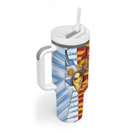 Custom Argentina And Spain Football Tumbler With Handle Split Flag Golden Trophy Grunge