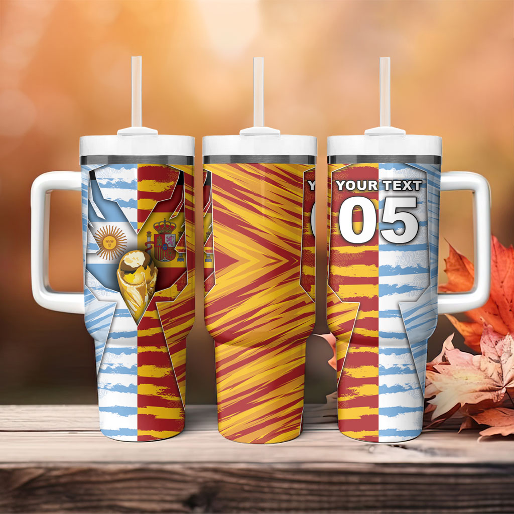 Custom Argentina And Spain Football Tumbler With Handle Split Flag Golden Trophy Grunge