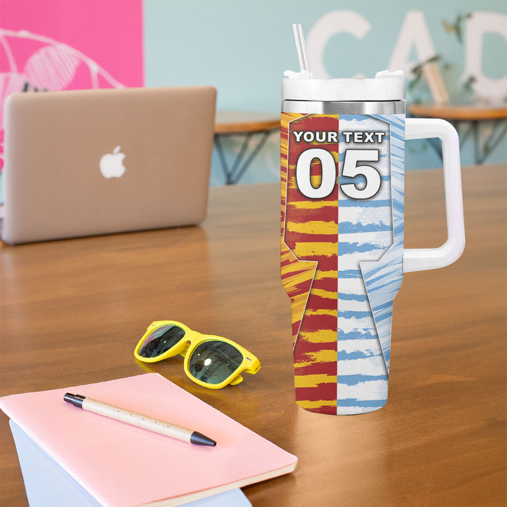 Custom Argentina And Spain Football Tumbler With Handle Split Flag Golden Trophy Grunge