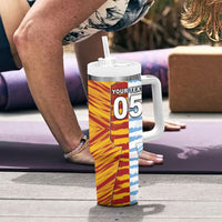 Custom Argentina And Spain Football Tumbler With Handle Split Flag Golden Trophy Grunge