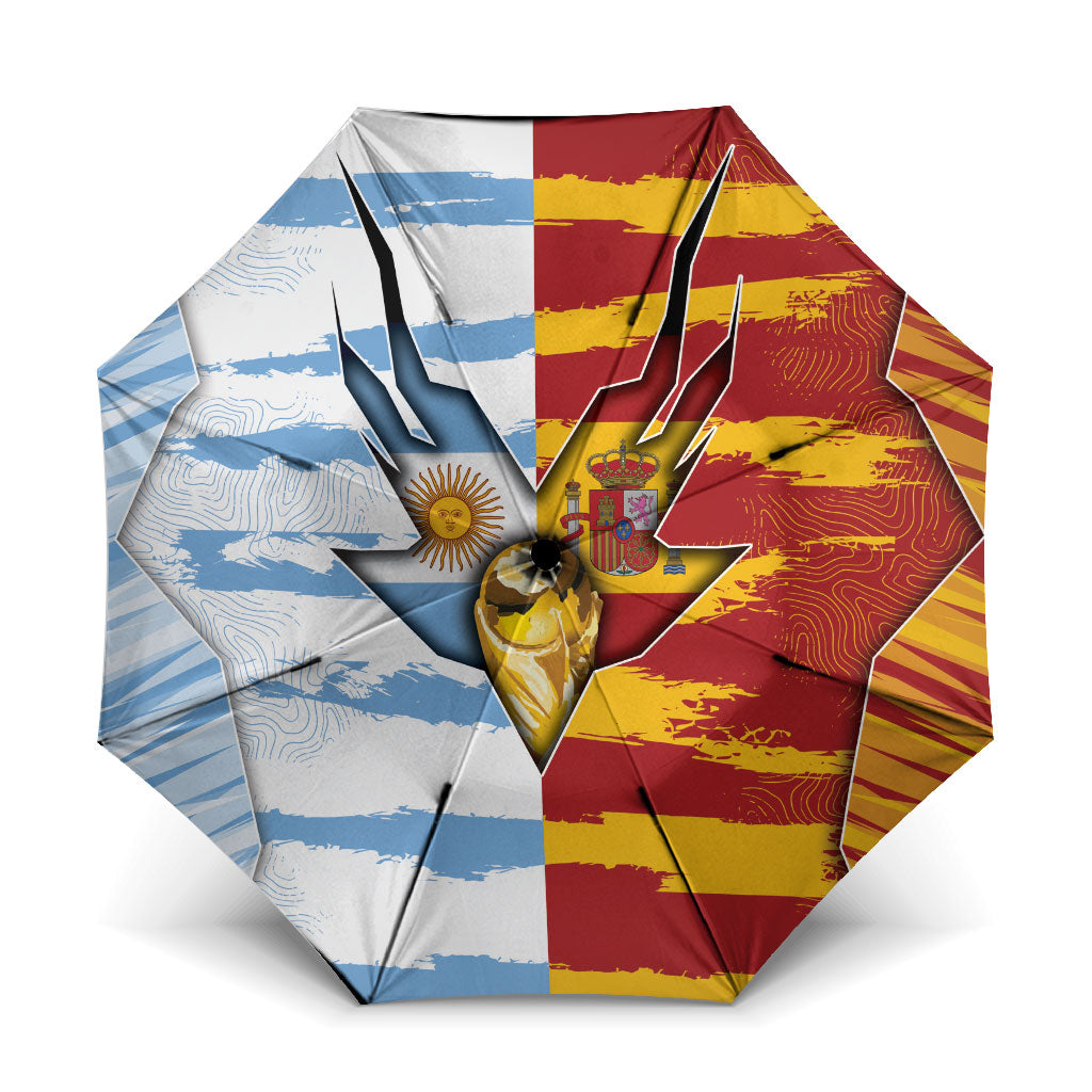 Argentina And Spain Football Umbrella Split Flag Golden Trophy Grunge