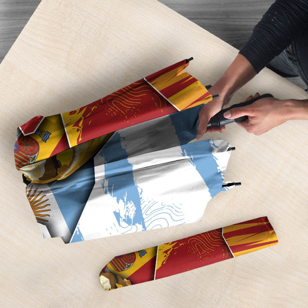 Argentina And Spain Football Umbrella Split Flag Golden Trophy Grunge
