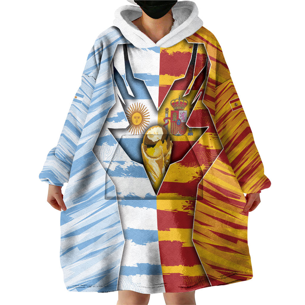 Custom Argentina And Spain Football Wearable Blanket Hoodie Split Flag Golden Trophy Grunge