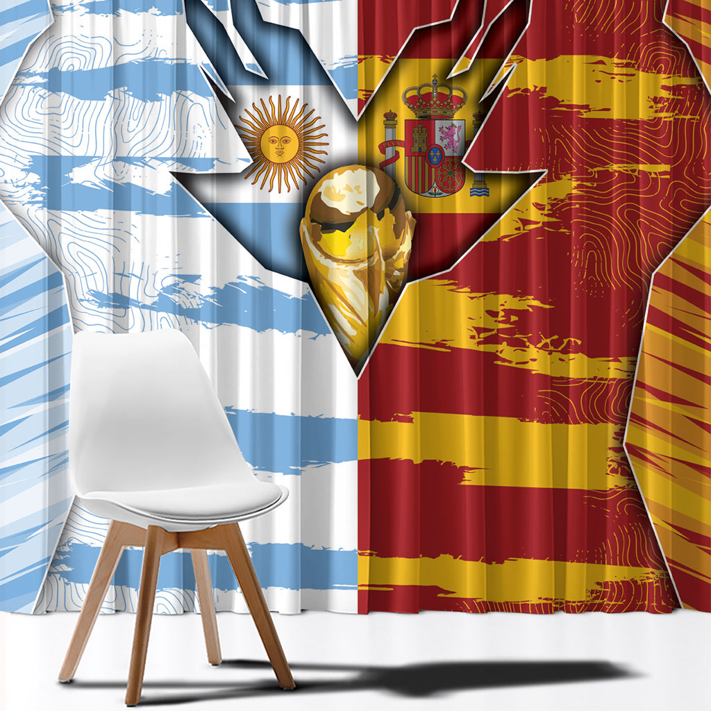 Argentina And Spain Football Window Curtain Split Flag Golden Trophy Grunge