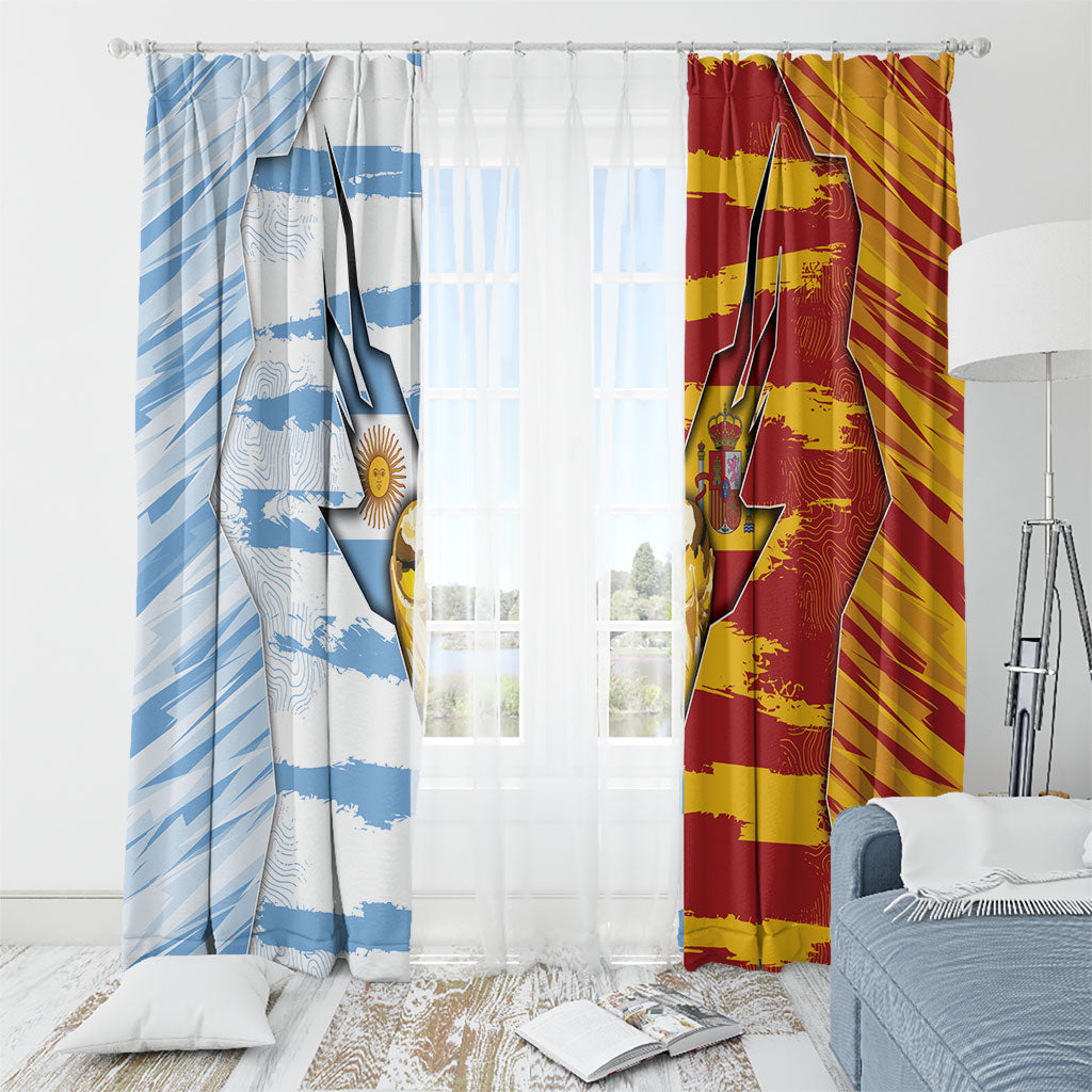 Argentina And Spain Football Window Curtain Split Flag Golden Trophy Grunge