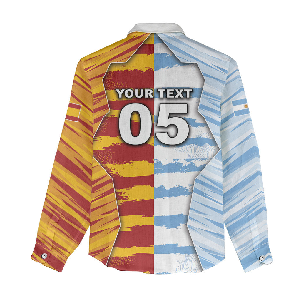 Custom Argentina And Spain Football Women Casual Shirt Split Flag Golden Trophy Grunge