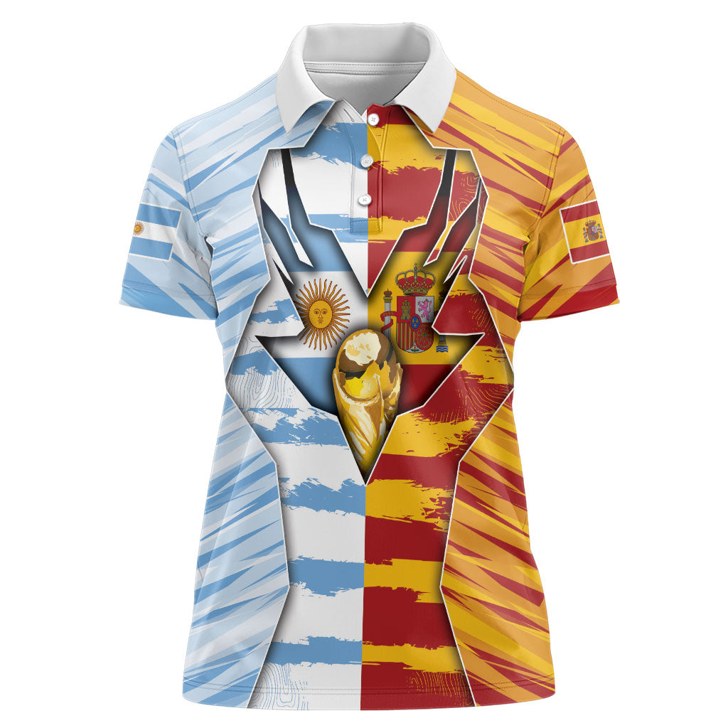 Custom Argentina And Spain Football Women Polo Shirt Split Flag Golden Trophy Grunge
