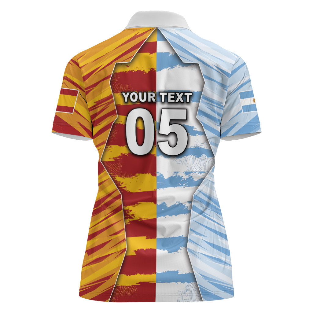 Custom Argentina And Spain Football Women Polo Shirt Split Flag Golden Trophy Grunge