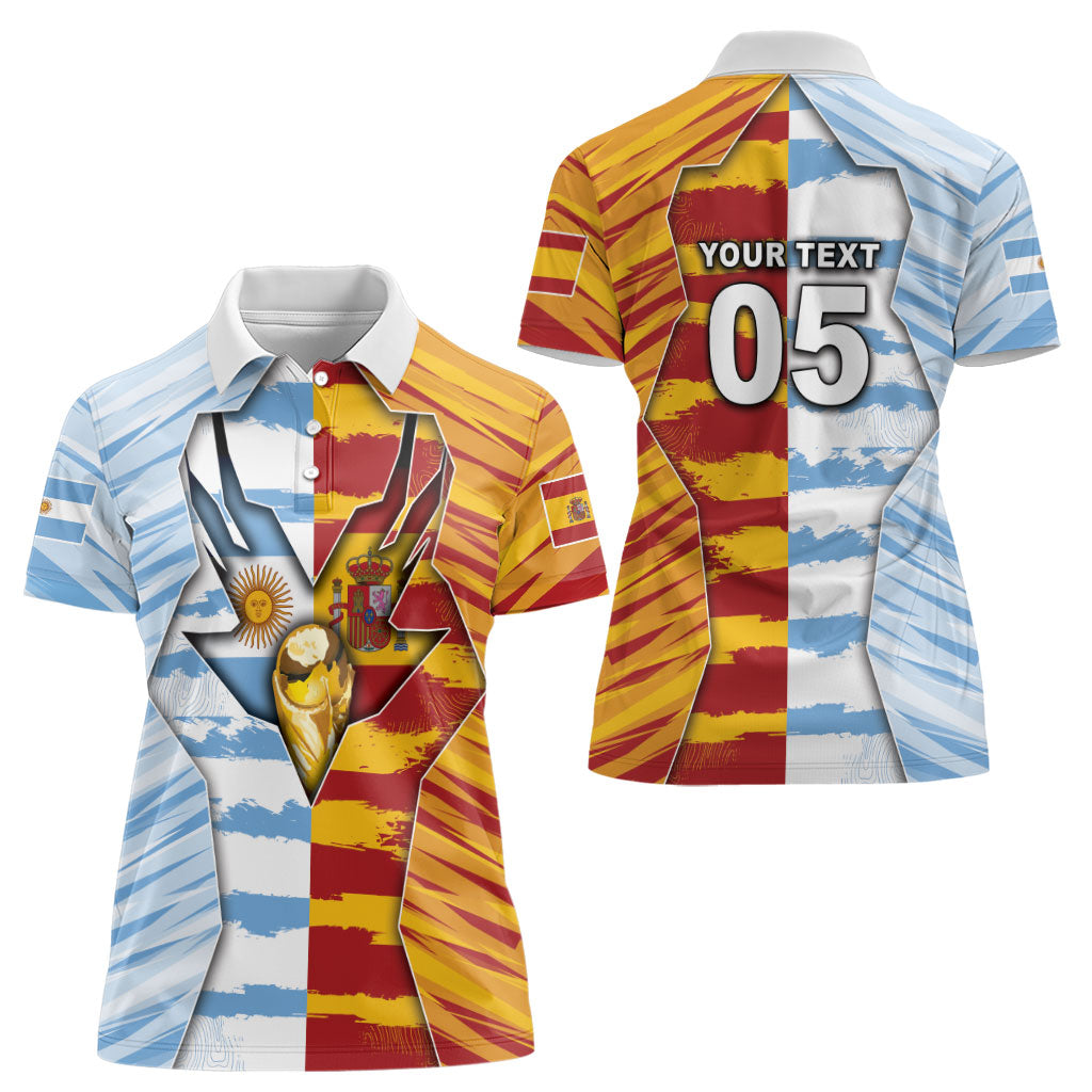 Custom Argentina And Spain Football Women Polo Shirt Split Flag Golden Trophy Grunge