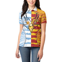 Custom Argentina And Spain Football Women Polo Shirt Split Flag Golden Trophy Grunge
