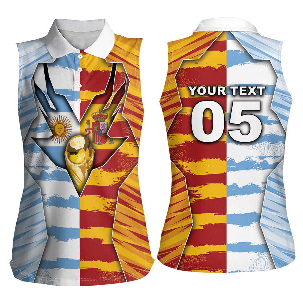 Custom Argentina And Spain Football Women Sleeveless Polo Shirt Split Flag Golden Trophy Grunge
