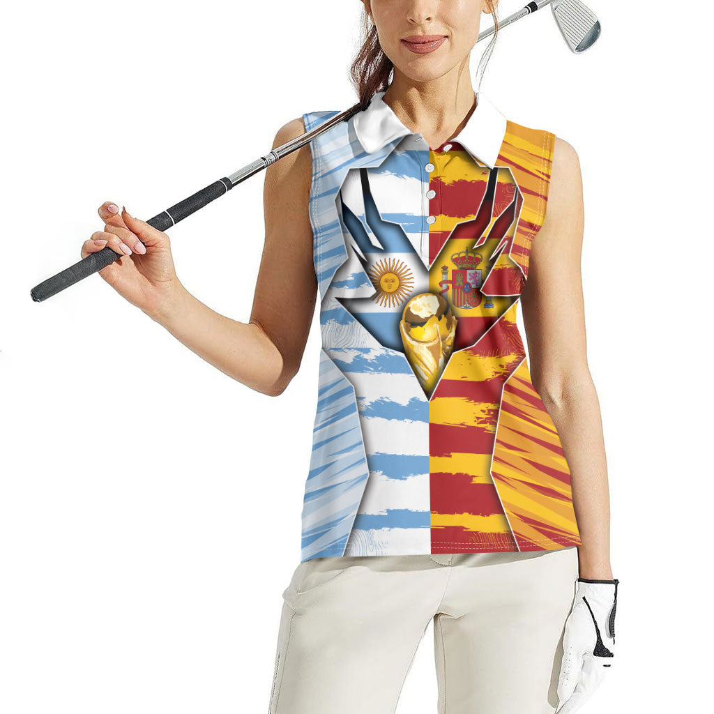 Custom Argentina And Spain Football Women Sleeveless Polo Shirt Split Flag Golden Trophy Grunge