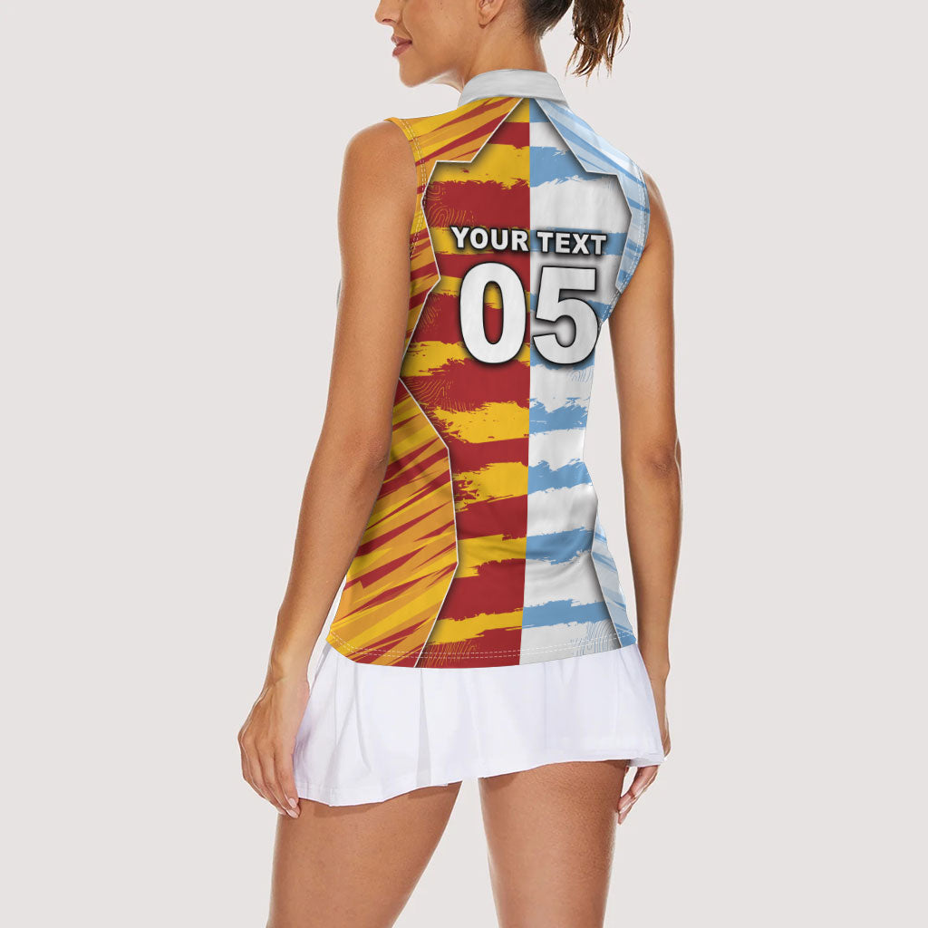 Custom Argentina And Spain Football Women Sleeveless Polo Shirt Split Flag Golden Trophy Grunge