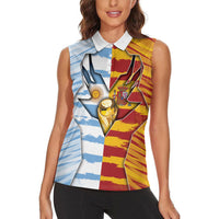 Custom Argentina And Spain Football Women Sleeveless Polo Shirt Split Flag Golden Trophy Grunge