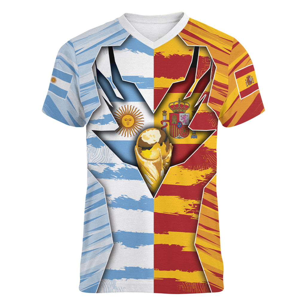 Custom Argentina And Spain Football Women V-Neck T-Shirt Split Flag Golden Trophy Grunge