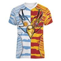 Custom Argentina And Spain Football Women V-Neck T-Shirt Split Flag Golden Trophy Grunge